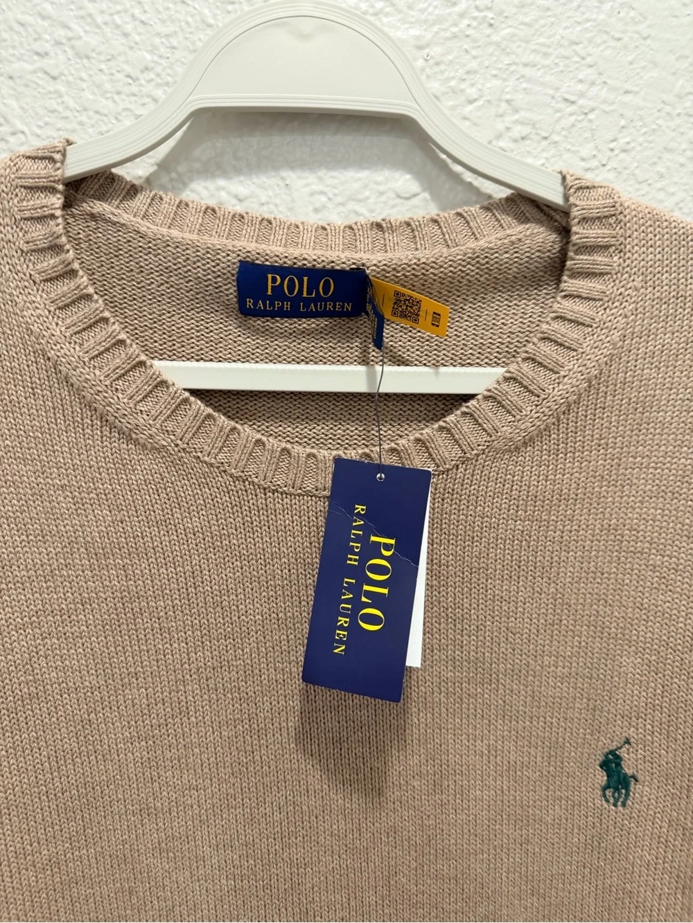 Ralph Lauren Men’s Crewneck Sweater in Beige with Green Polo Logo